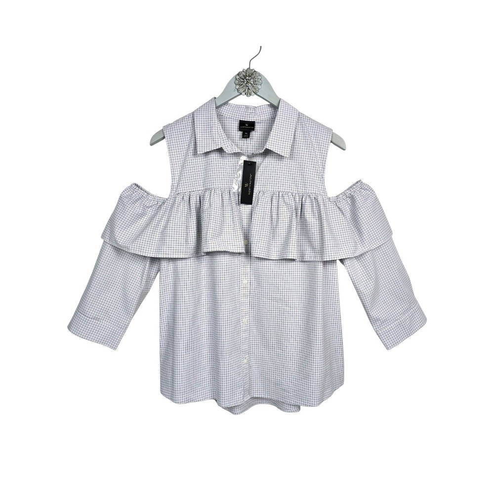 Worthington Womens XL Cold Shoulder Ruffle Check Button Down Shirt White  NEW!
